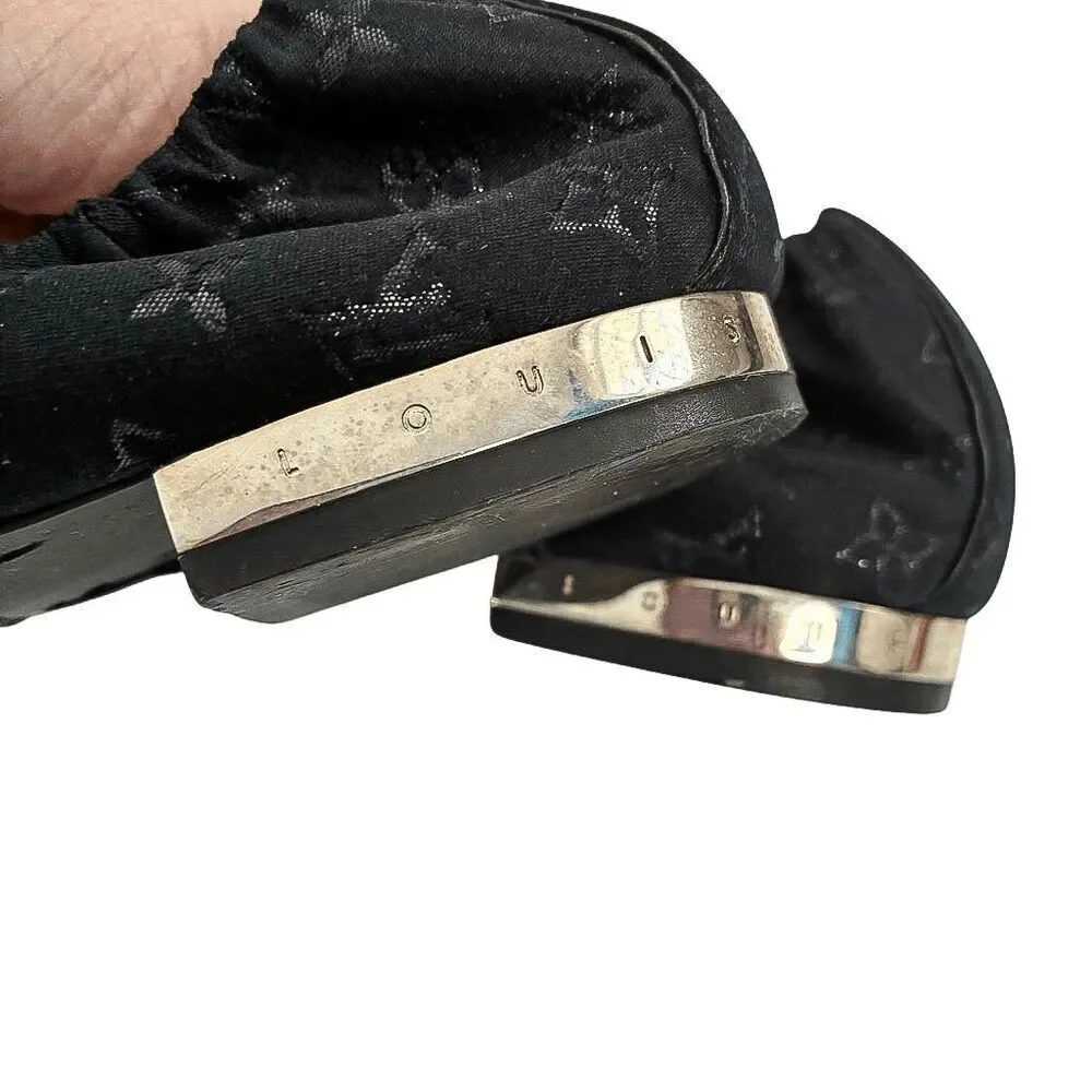 Louis Vuitton Black Logo Satin Ballet Flats Monogram Bow Ballerina EU 37 Slip On